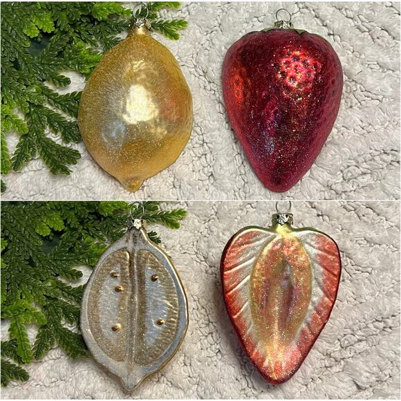 Other - Vintage Set of 2 Lemon & Strawberry Glass Glitter Half Fruit Ornaments